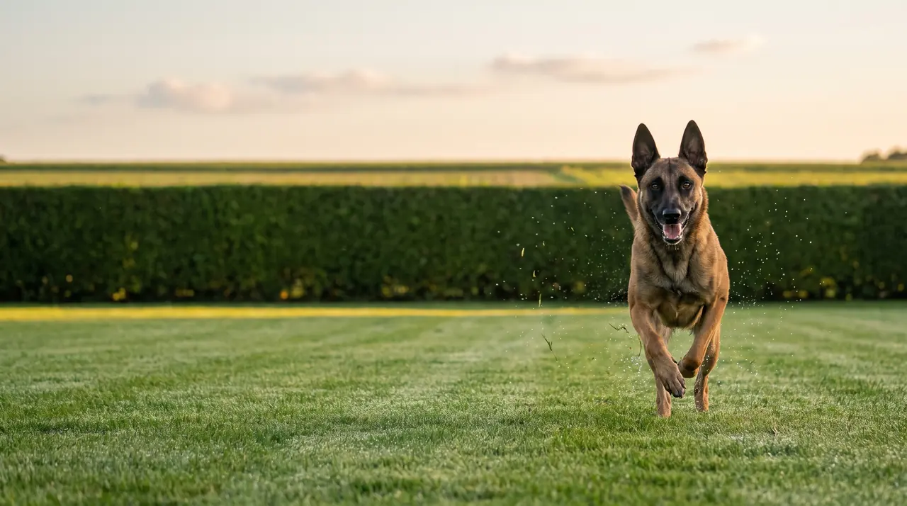 Malinois rennt über die taufrische Wiese direkt auf die Kamera zu