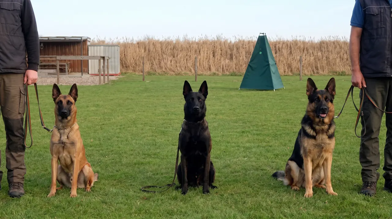 Drei Hunde sitzen aufmerksam nebeneinander auf dem Vereinsgelände, die Hundeführer stehen an den Bildrändern