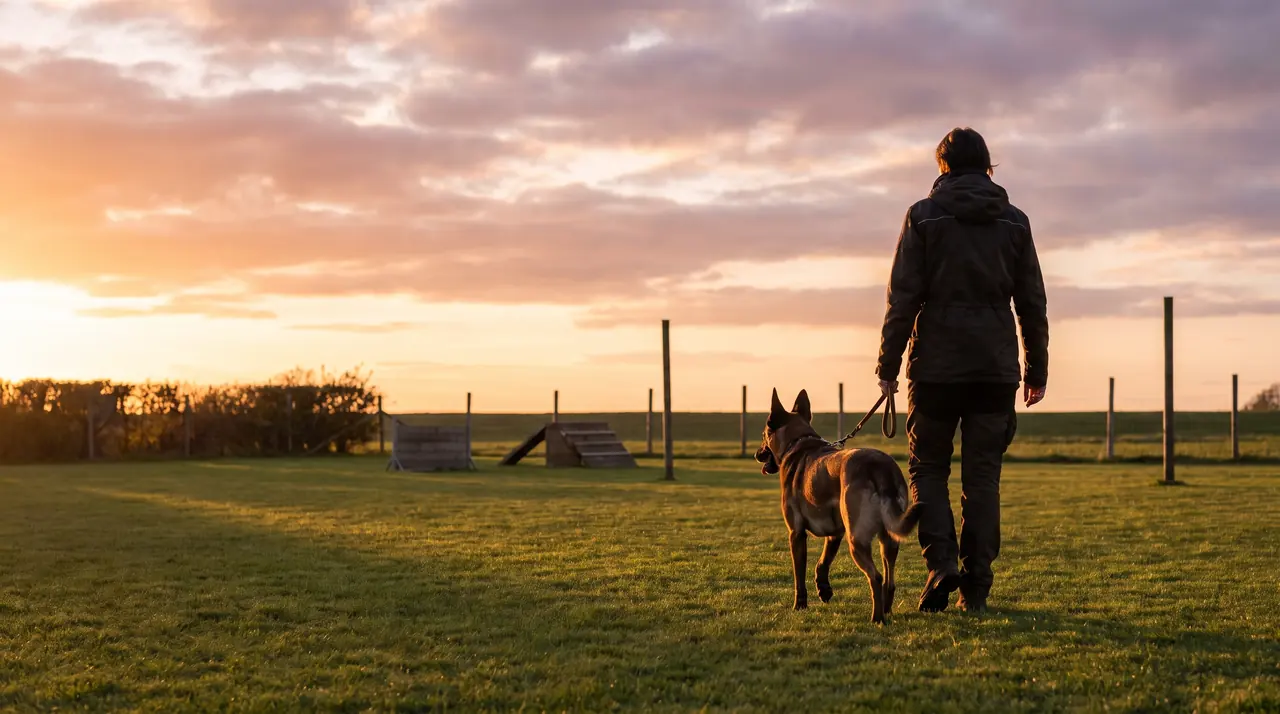 Hundeführer geht mit seinem Malinois bei Sonnenuntergang über den Übungsplatz des Hundesportvereins
