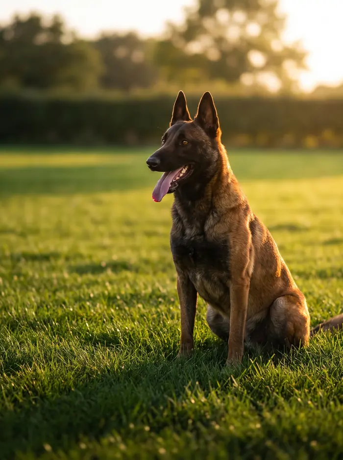 Aufmerksam sitzender Malinois auf der Wiese im Abendlicht