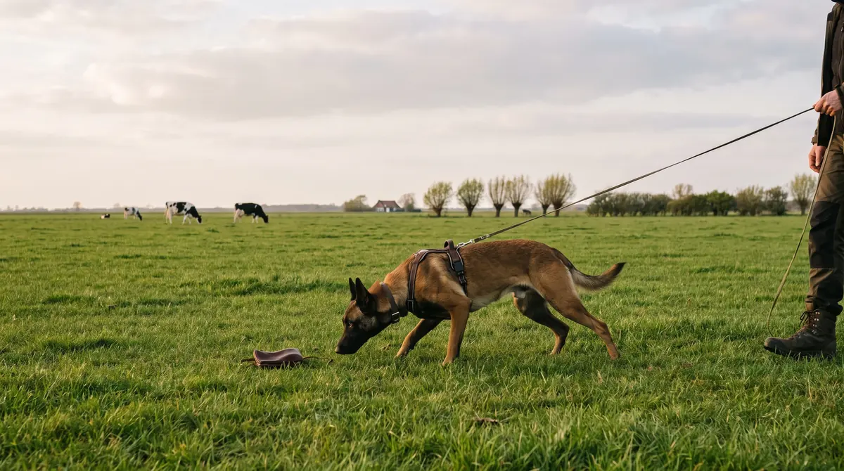 Malinois sucht mit der Nase am Boden eine Fährte